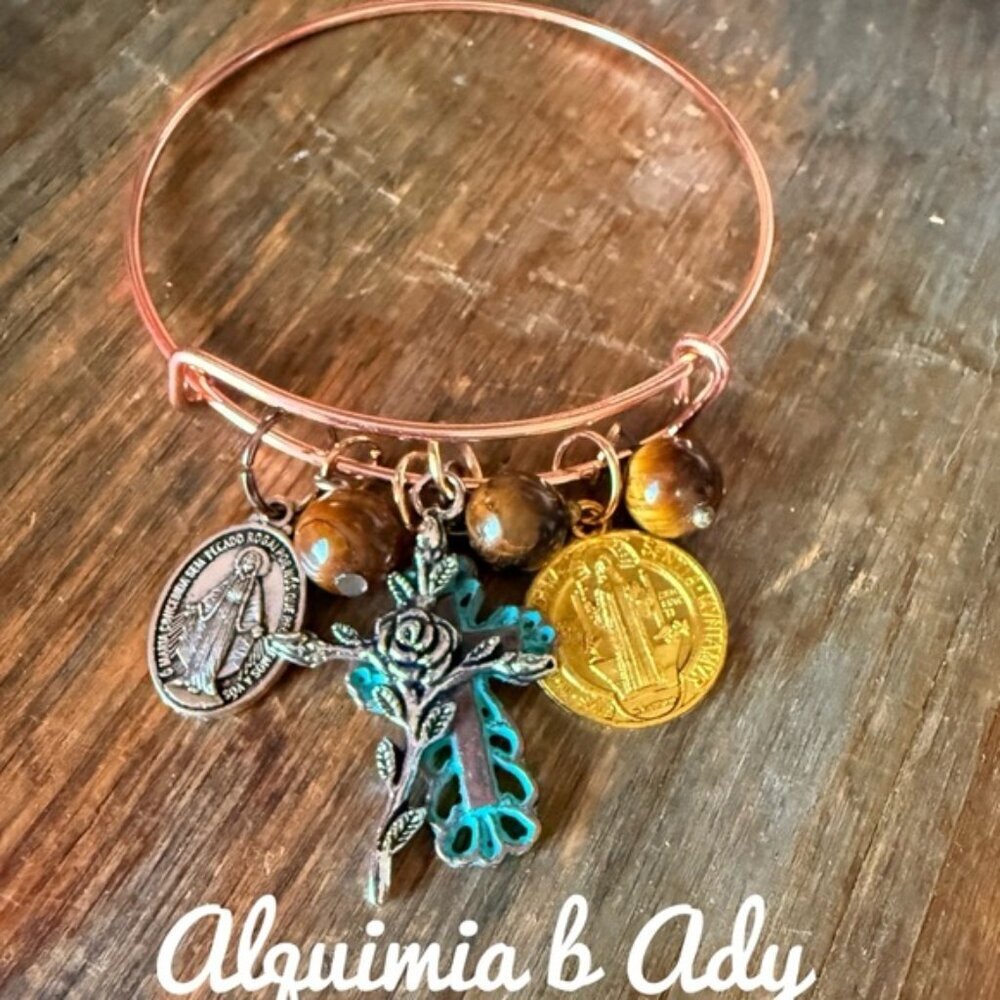 Catholic charms and tiger's eye statment bracelet